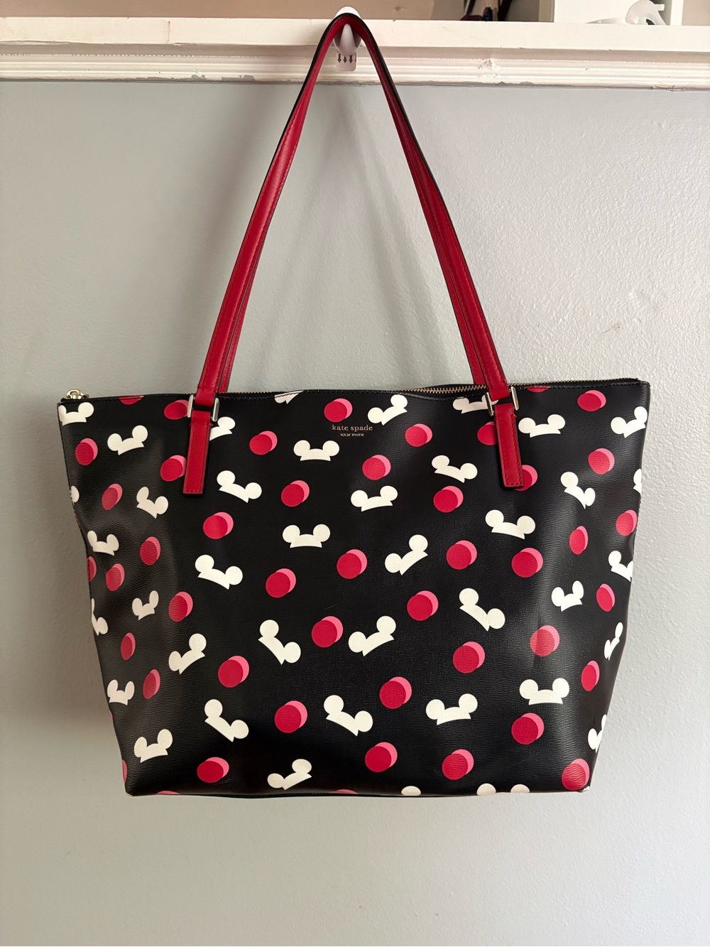 kate spade Disney Black Tote with Red and White Polka Heart Pattern